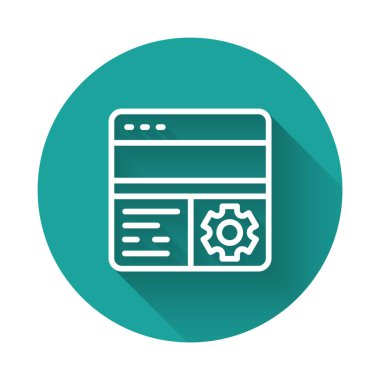 Beyaz çizgi hata ayıklama simgesi uzun gölge arkaplanı ile izole edildi. Hata ayıklama aracı. Böcek programlama için büyüteç. Yazılım deneniyor ve ayarlanıyor. Yeşil daire düğmesi. Vektör