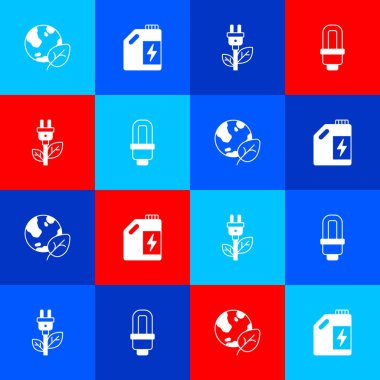 Dünya küresi ve yaprağı, Eko yakıt tüpünü, elektrik tasarruf prizini ve LED ampul ikonunu yerleştir. Vektör