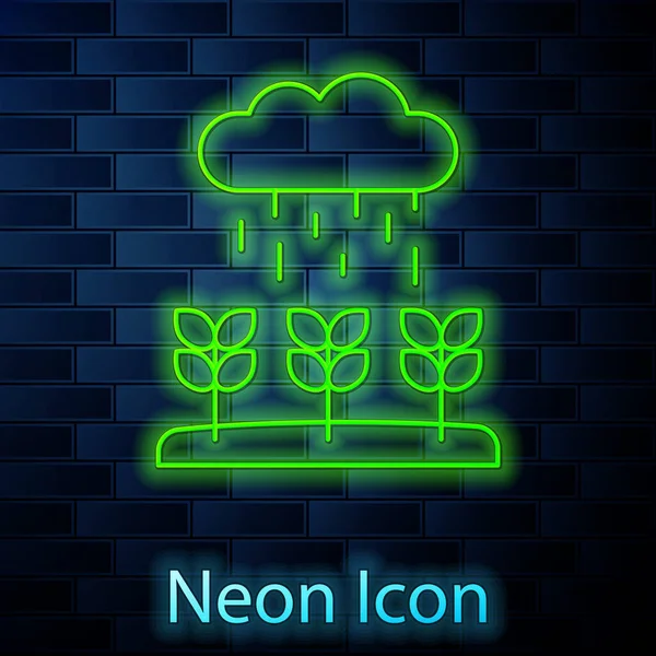 Glowing Neon Line Plant Sprouts Grow Rain Icon Isolated Brick — Stock Vector