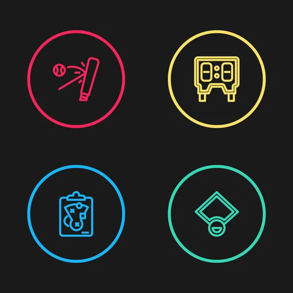 Set Line Planning Strategie Honkbalveld Mechanisch Scorebord Knuppel Met Icoon — Stockvector