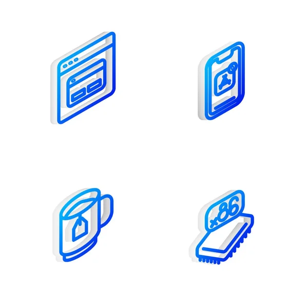 Set Isometric Ligne Applications Mobiles Moteur Recherche Tasse Thé Avec — Image vectorielle