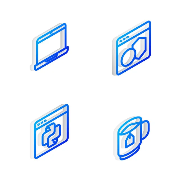 Set Isometric Line Software Laptop Python Programming Language Cup Tea — стоковий вектор