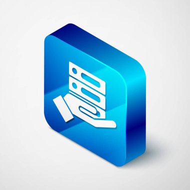 Isometric Sunucu, Data, Web sunucu simgesi gri arkaplanda izole edildi. Mavi kare düğme. Vektör İllüstrasyonu.
