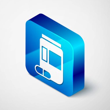 Isometric İlaç şişesi ve gri arka planda izole edilmiş hap ikonu. Şişe hapı işareti. Eczane tasarımı. Mavi kare düğme. Vektör İllüstrasyonu.