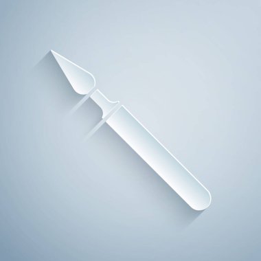 Kağıt kesiği, tıbbi cerrahi neşter araç ikonu gri arka planda izole edilmiş. Tıbbi alet. Kağıt sanatı tarzı. Vektör İllüstrasyonu.