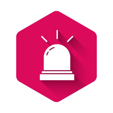 Beyaz Hareket sensör simgesi uzun gölgeli izole edildi. Pembe altıgen düğmesi. Vektör.