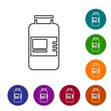 Siyah çizgi Collagen serumu ve beyaz zemin üzerinde izole edilmiş vitamin ikonu. Yüz bakımı esansı cilt bakımı kozmetiği. Simgeleri renk daire düğmelerine ayarla. Vektör.