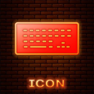 Parlayan neon bilgisayar klavye simgesi tuğla duvar arka planında izole edildi. Bilgisayar bileşeni işareti. Vektör.