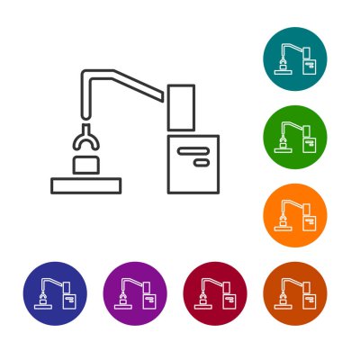 Siyah çizgi endüstriyel robot robot kol fabrikası ikonu beyaz arka planda izole edildi. Endüstriyel robot manipülatörü. Simgeleri renk daire düğmelerine ayarla. Vektör.