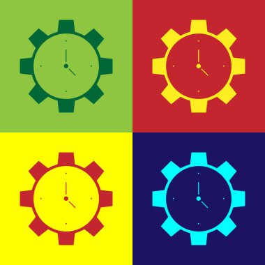 Pop Art Zaman Yönetimi simgesi renk arkaplanında izole edildi. Saat ve vites tabelası. Üretkenlik sembolü. Vektör.
