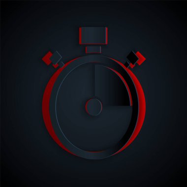 Kağıt kesiği Kronometre simgesi siyah arkaplanda izole edildi. Zaman göstergesi. Kronometre işareti. Kağıt sanatı tarzı. Vektör.