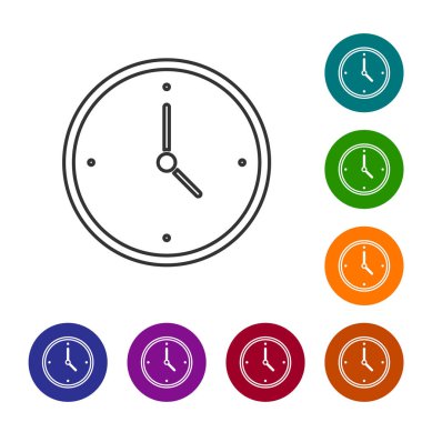 Siyah çizgi saat simgesi beyaz arkaplanda izole edildi. Zaman sembolü. Simgeleri renk daire düğmelerine ayarla. Vektör.