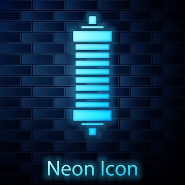 Parlayan neon şok emici simgesi tuğla duvar arka planında izole edildi. Vektör.