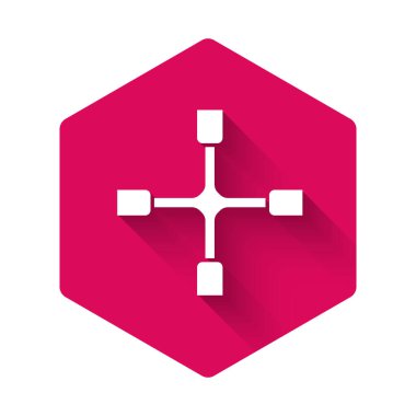 İngiliz anahtarı simgesi uzun gölgeli izole edilmiş. Tekerlek desteği. Pembe altıgen düğmesi. Vektör.