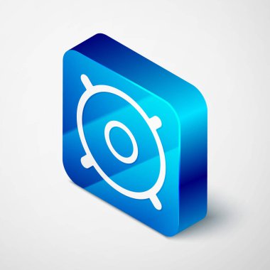 Gri arkaplanda Isometric Car ses hoparlörü simgesi izole edildi. Mavi kare düğme. Vektör.