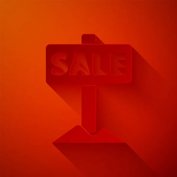 Paper Cut Hanging Sign Text Sale Icon Isolated Red Background — Stock Vector