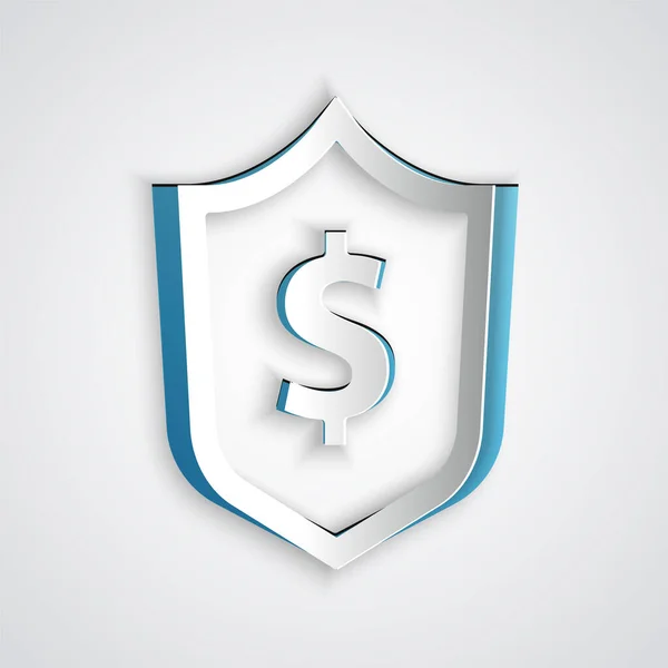 Paper Cut Shield Med Dollar Symbol Ikon Isolerad Grå Bakgrund — Stock vektor