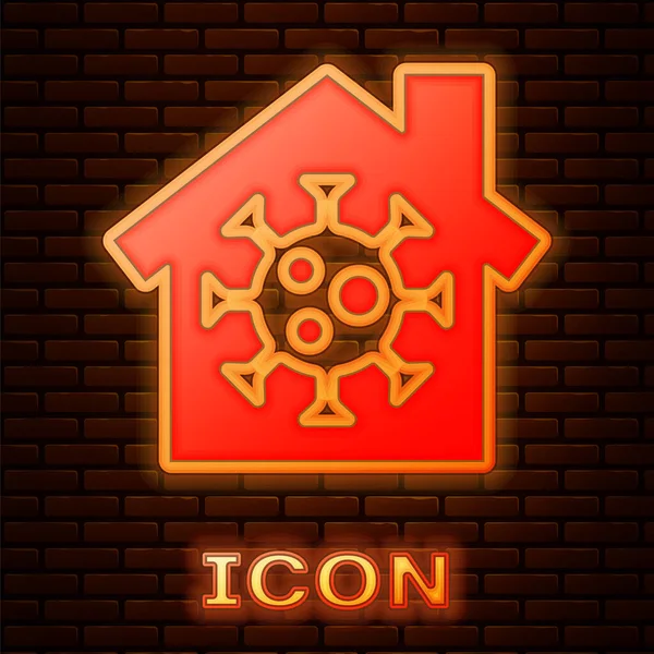 Zářící Neon Zůstaňte Doma Ikona Izolované Cihlové Zdi Pozadí Corona — Stockový vektor