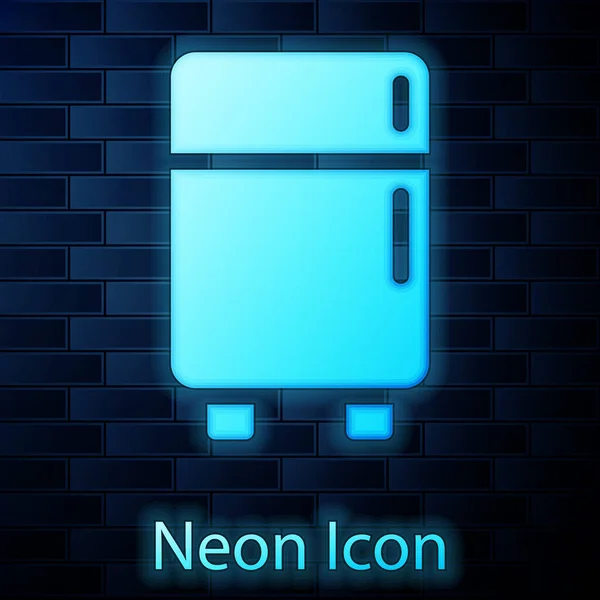 Icono Brillante Del Refrigerador Neón Aislado Fondo Pared Ladrillo Refrigerador — Vector de stock