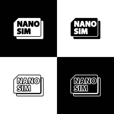 Siyah beyaz arkaplanda Nano Sim Kart simgesini ayır. Mobil ve kablosuz iletişim teknolojileri. Ağ çipi elektronik bağlantısı. Vektör.