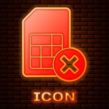 Parlayan neon Sim kartı, tuğla duvar arka planında izole edilmiş bir simge olarak reddedildi. Cep telefonu sim kart çipi. Mobil telekomünikasyon teknolojisi sembolü. Vektör.