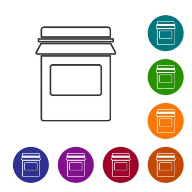 Siyah çizgi reçel kavanozu simgesi beyaz arkaplanda izole edildi. Simgeleri renk daire düğmelerine ayarla. Vektör.
