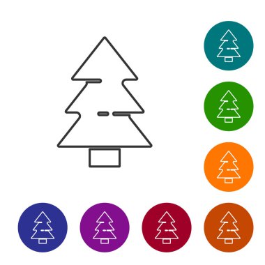 Siyah çizgi Noel ağacı simgesi beyaz arkaplanda izole edilmiş. Mutlu Noeller ve mutlu yıllar. Simgeleri renk daire düğmelerine ayarla. Vektör.