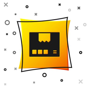 Beyaz arkaplanda siyah karton kutu simgesi izole edildi. Kutu, paket, paket işareti. Teslimat ve ambalaj. Sarı kare düğme. Vektör.