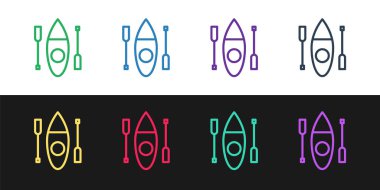 Kano ve kürek simgesini siyah ve beyaz arkaplanda izole et. Balıkçılık ve turizm için kano. Açık hava aktiviteleri. Vektör.