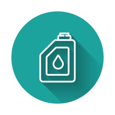 Motor makine yağı ikonu için beyaz çizgi kutusu uzun gölgeli izole edilmiş. Benzin bidonu. Yağ değiştirme ve onarım servisi. Motor yağı işareti. Yeşil daire düğmesi. Vektör.