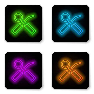 Işıldayan neon çizgisi diş tetkik aynası ve beyaz arkaplanda izole edilmiş pulluk simgesi. Diş muayenesi. Siyah kare düğme. Vektör.