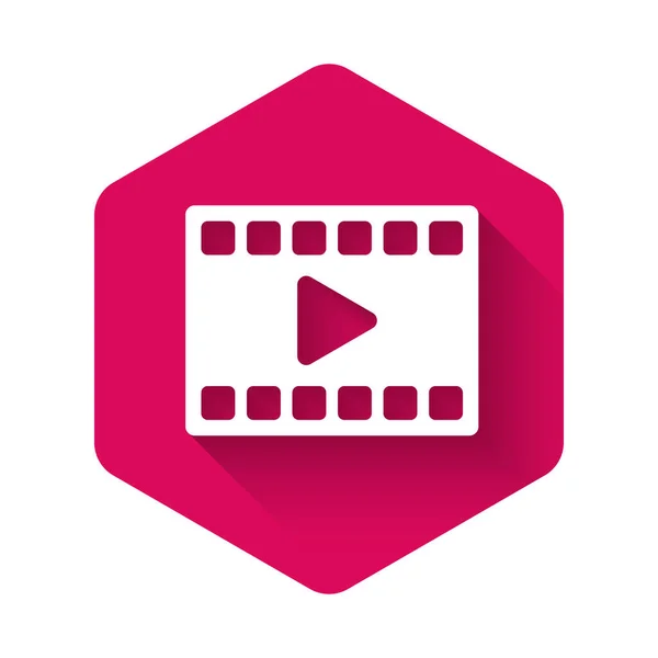 White Play Video Icon Isoliert Mit Langem Schatten Filmstreifen Mit — Stockvektor
