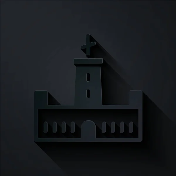 Corte Papel Icono Del Castillo Montjuic Aislado Sobre Fondo Negro — Vector de stock