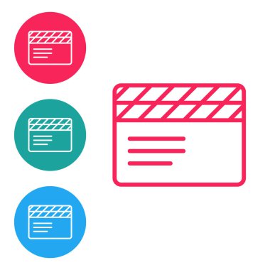 Kırmızı çizgi film alkışlayıcı simgesi beyaz arkaplanda izole edildi. Film alkışlama tahtası. Alkış tahtası işareti. Sinema yapımı ya da medya endüstrisi. Simgeleri daire düğmelerine ayır. Vektör.