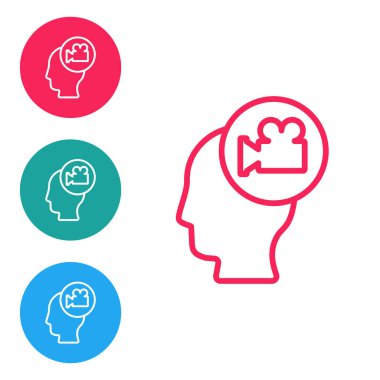 Beyaz arkaplanda kamera simgesi olan kırmızı çizgi başı. Video kamera. Film tabelası. Film projektörü. Simgeleri daire düğmelerine ayır. Vektör.