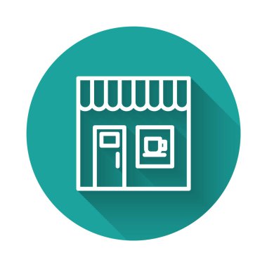 Beyaz çizgi kahve dükkanı ikonu uzun gölgeli izole edilmiş. Yeşil daire düğmesi. Vektör.