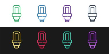 Satır LED ampul simgesini siyah ve beyaz arkaplanda izole et. Ekonomik LED ışıklı ampul. Enerji lambasını sakla. Vektör.