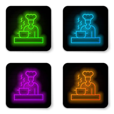 Parlayan neon hattı beyaz zemin üzerinde izole edilmiş İspanyol aşçı ikonu. Siyah kare düğme. Vektör.