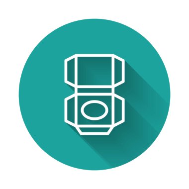 Uzun gölgeli beyaz çizgi karton kutu simgesi. Kutu, paket, paket işareti. Teslimat ve ambalaj. Yeşil daire düğmesi. Vektör.