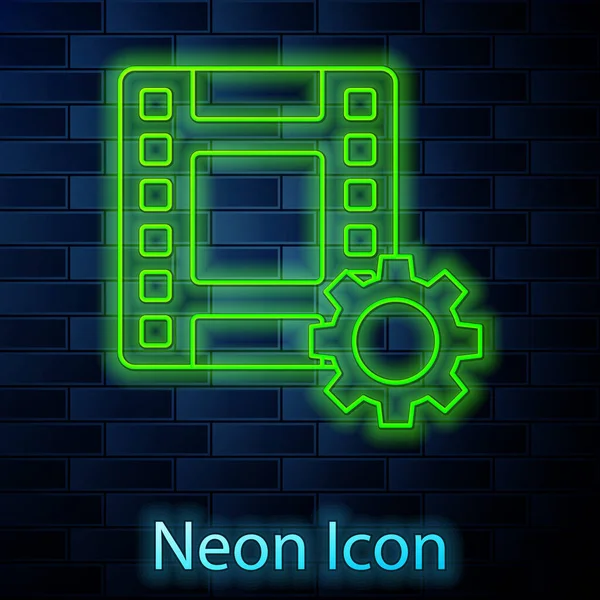 Glödande Neon Line Spela Video Ikonen Isolerad Tegel Vägg Bakgrund — Stock vektor