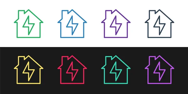 Setzen Sie Linie Haus Und Blitz Symbol Isoliert Auf Schwarz — Stockvektor