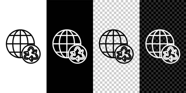 Set Line Planet Earth Recycling Icon Isolated Black White Background — Stock Vector