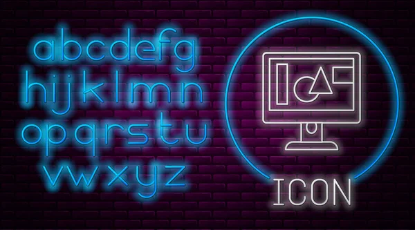 Icono Pantalla Monitor Computadora Línea Neón Brillante Aislado Fondo Pared — Archivo Imágenes Vectoriales