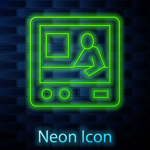 Glowing Neon Line Television Report Icon Isolated Brick Wall Background — Stock Vector