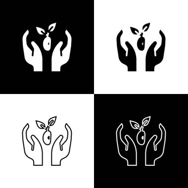 Çevre koruma ikonunun elindeki bitkiyi siyah beyaz arka planda izole et. Tohum ve tohum. Fidan dikiyorum. Ekoloji konsepti. Vektör