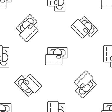 Gri çizgi kredi kartı simgesi beyaz arka planda kusursuz desen izole etti. Çevrimiçi ödeme. Nakit çekilmesi. Finansal operasyonlar. Alışveriş tabelası. Vektör