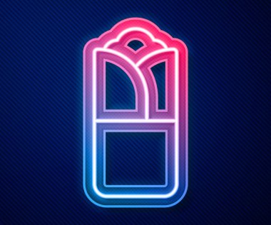 Parlayan neon hattı Burrito simgesi mavi arkaplanda izole edildi. Geleneksel Meksika fast food 'u. Vektör