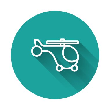 Beyaz çizgi helikopter hava aracı ikonu uzun gölge arkaplanı ile izole edildi. Yeşil daire düğmesi. Vektör
