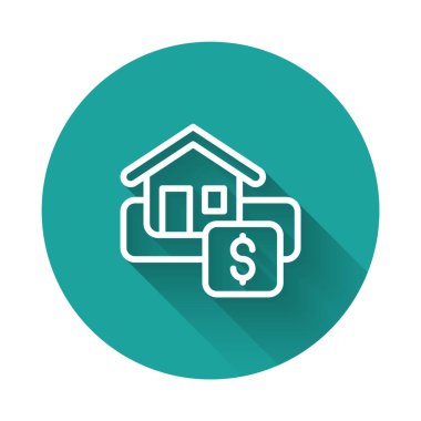 Uzun gölge arkaplan ile izole edilmiş metin satışı simgesi ile beyaz çizgi asılı. Mesaj indirimli tabela. Yeşil daire düğmesi. Vektör