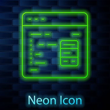 Parlayan neon hattı Yazılım, ağ geliştirici programlama kod simgesi tuğla duvar arka planında izole edildi. Program kodunun rastgele bilgisayar betiği parçalarını Javascript et. Vektör